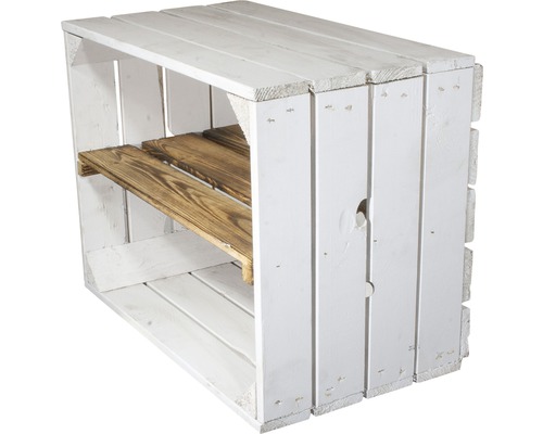 Regal aus weiss gestrichenen Holzkisten mit braunen Einlegeböden