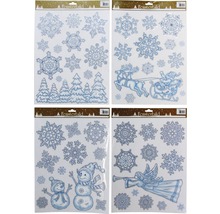 Fensterbilder mit Schneeflocken, Weihnachtsmann mit Rentieren, Schneemännern und Engeln