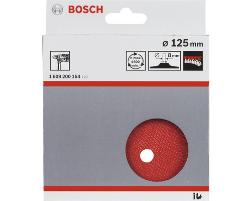 Bosch Logo. Schleifscheibe mit einem Durchmesser von 125 Millimeter in Verpackung.