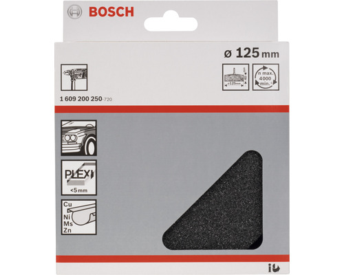 Logo Bosch. Éponge de polissage d''un diamètre de 125 millimètres. Convient pour les peintures automobiles, le plexiglas et les métaux.