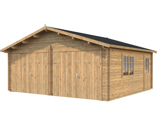 Garage double en bois avec deux portes et fenêtres