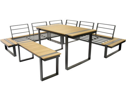 Gartentischgruppe mit Tisch, Bänken und Rückenlehnen aus Metall und Holz