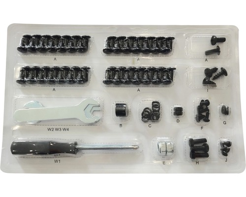 Boîte d''assortiment avec vis, écrous, rondelles, clé et tournevis
