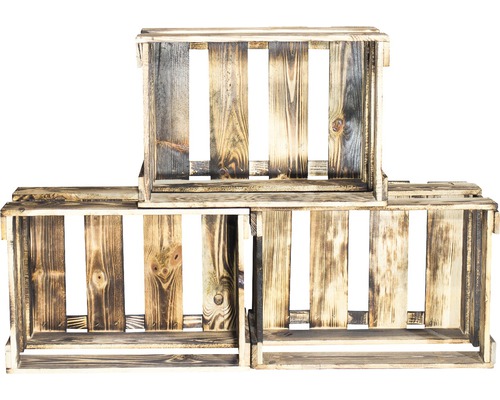 Weinkiste geflammt 46x30,5x24 cm 6er-Set Drei Holzkisten gestapelt