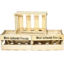 Holzkisten zur Aufbewahrung mit dem Schriftzug ''Wein schenkt Freude''