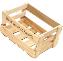 Holzkiste mit der Aufschrift Wein schenkt Freude