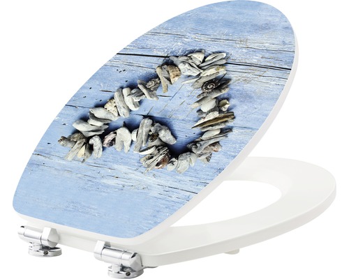 Abattant de WC avec motif de cœur en bois flotté et coquillages