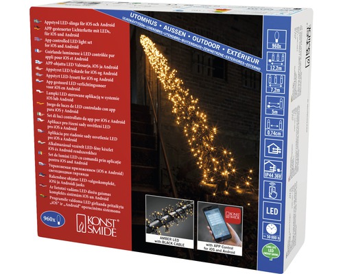 Guirlande lumineuse LED Konstsmide contrôlable par application pour iOS et Android, avec 960 LED ambrées et câble noir