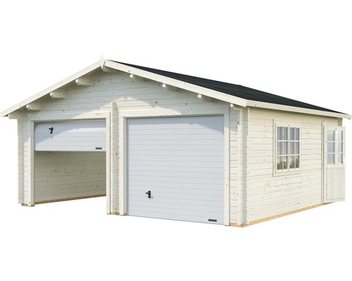 Doppelgarage aus Holz mit zwei Rolltoren, Seitentür und Fenster