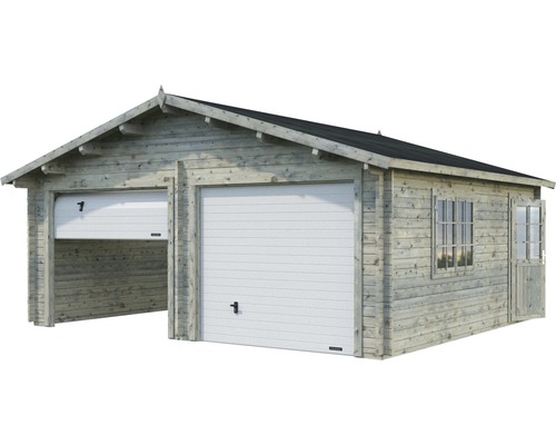 Garage double en bois avec deux portes, une porte et des fenêtres