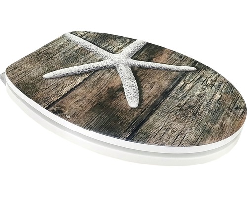 Abattant de WC avec motif étoile de mer sur planches de bois