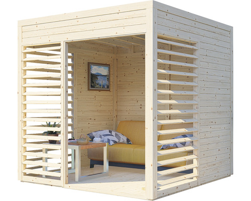 Abri de jardin en bois avec murs à lamelles, canapé et table