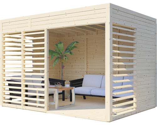 Holz Pavillon mit Lamellenwänden und Lounge-Möbeln