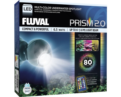 Éclairage d'aquarium Fluval PRISM LED 2.0 Spotlight avec télécommande 6,5 W Emballage d''un projecteur sous-marin multicolore Fluval Prism 2.0 avec LED et télécommande