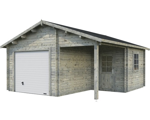 Holzgarage mit Anbau, Garagentor, Tür und Fenster