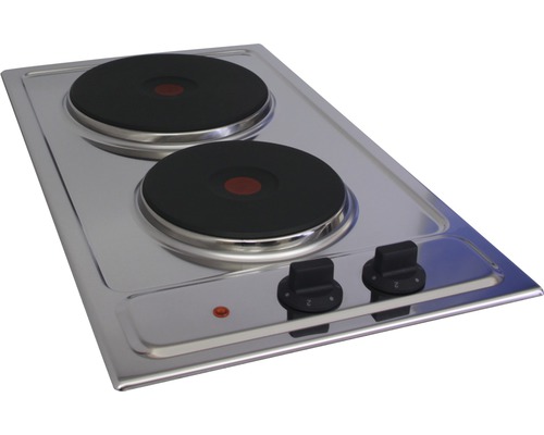 Elektrischer Doppelkocher aus Edelstahl mit zwei Kochfeldern und Drehknöpfen