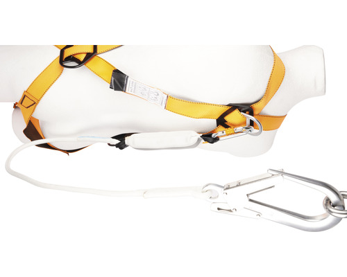 Système de harnais antichute jaune avec longe et mousqueton sur un mannequin