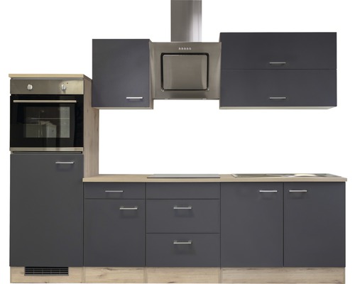 Küchenzeile mit Backofen, Dunstabzugshaube und grauen Schrankfronten
