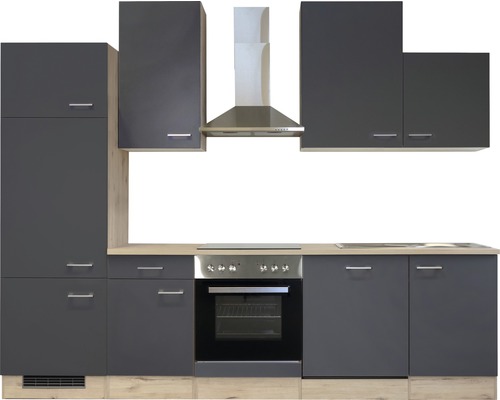Küchenzeile mit Hängeschränken und Dunstabzugshaube