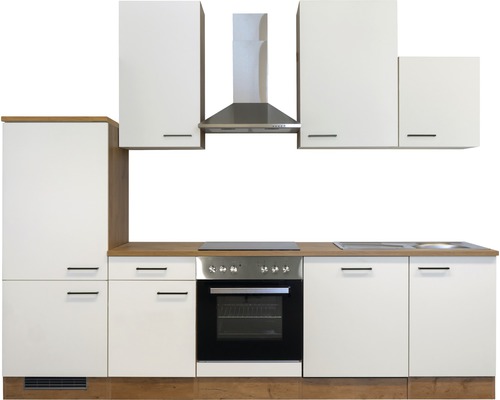 Cuisine équipée avec meubles hauts et bas, hotte aspirante et cuisinière intégrée