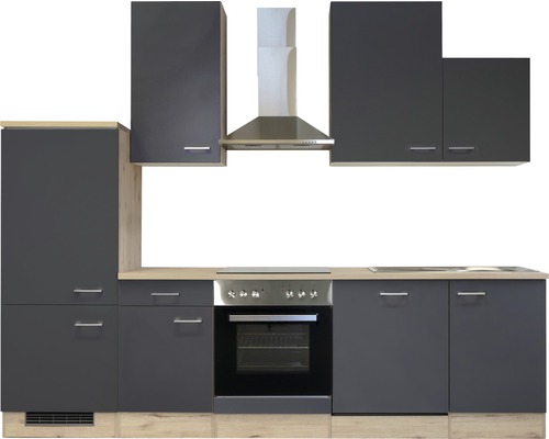 Komplette Küche mit Hängeschränken, Dunstabzugshaube, Kochfeld und Backofen
