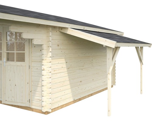 Vue détaillée d''un pavillon de jardin avec mur en bois et entrée couverte