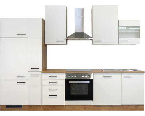 Komplette Küche mit Hängeschränken, Dunstabzugshaube, Spüle, Herd und Backofen