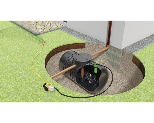 Illustration eines Regenwassertanksystems im Garten mit Pumpe und Schlauch