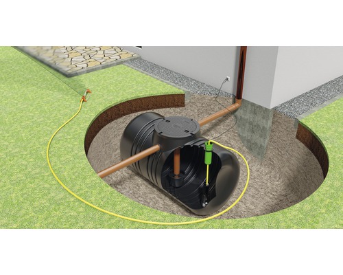 Installation de récupération d'eau de pluie Akzent B 2 100 litres Illustration d''un système de récupération d''eau de pluie dans le jardin