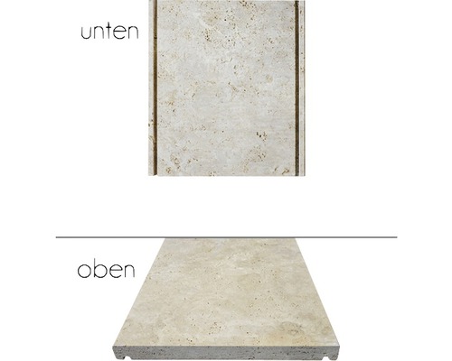 Carreau en travertin, vue de dessus et de dessous