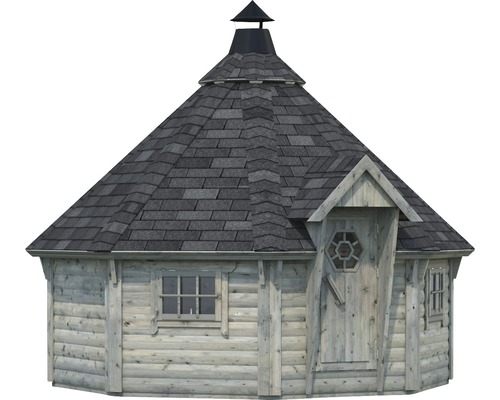 Kota de grill en bois avec bardeaux de toiture et fenêtres