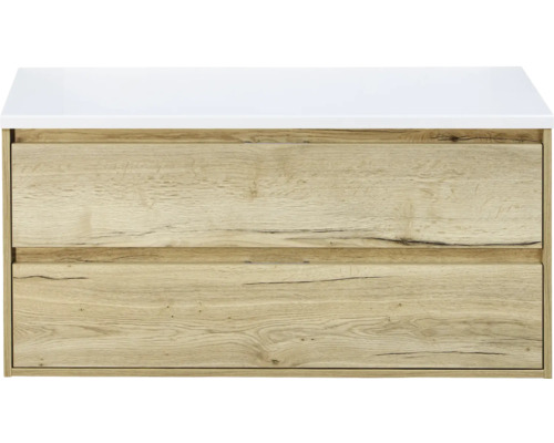 Meuble sous vasque sanox Porto lxhxp 120x59x50 cm chêne naturel avec plan de toilette blanc mat