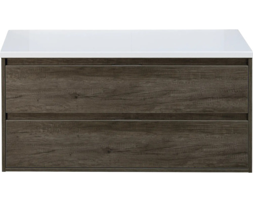 Meuble sous vasque sanox Porto lxhxp 120x59x50 cm nebraska oak avec plan de toilette blanc mat