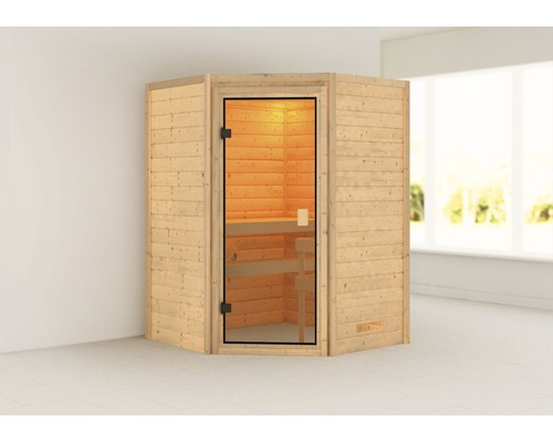 Sauna en bois massif Karibu Antonia sans poêle ni couronne avec porte entièrement vitrée couleur bronze