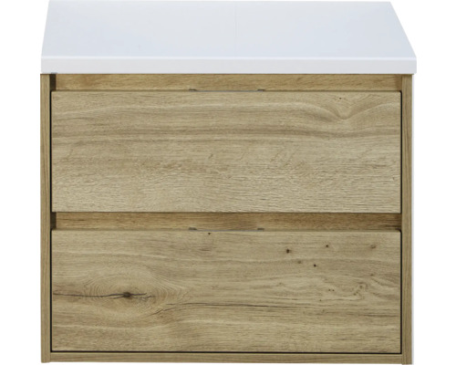 Meuble sous vasque sanox Porto lxhxp 70x59x50 cm chêne naturel avec plan de toilette blanc mat