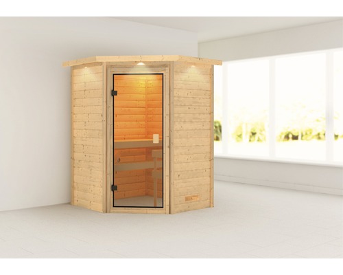 Sauna en bois massif Karibu Antonia sans poêle avec couronne et porte entièrement vitrée couleur bronze