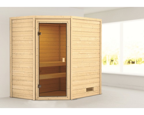 Sauna en madriers Karibu Jella sans poêle ni couronne avec porte entièrement vitrée couleur bronze