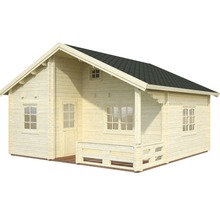 Maison en bois massif avec toit, porte et fenêtres