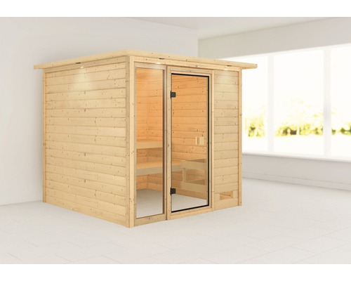 Sauna en bois massif Karibu Jutta sans poêle avec couronne et porte entièrement vitrée couleur bronze