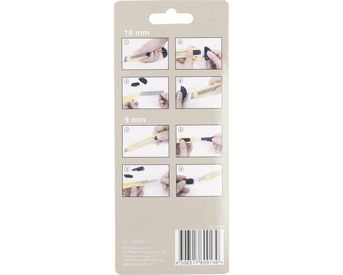 Emballage avec illustrations pour le mode d''emploi de remplacement des lames de cutter de 18 millimètres et 9 millimètres