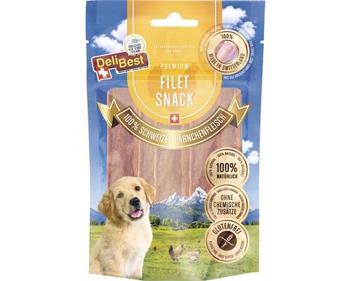 Friandises pour chiens DeliBest Filet Snack Poulet 90 g Emballage de friandises pour chiens au filet de poulet suisse de la marque DeliBest
