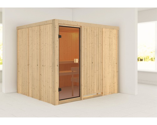 Sauna modulaire Karibu Nybro sans poêle ni couronne avec porte entièrement vitrée couleur bronze