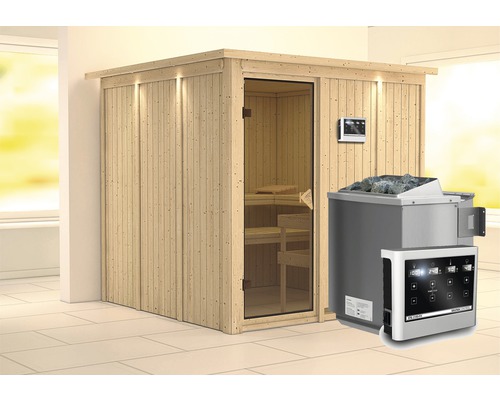 Sauna modulaire Karibu Rodinaa avec poêle Bio 9 kW, commande extérieure et couronne