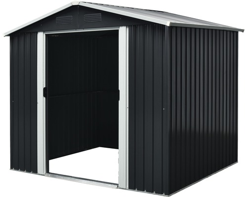 Abri de jardin en métal avec porte ouverte