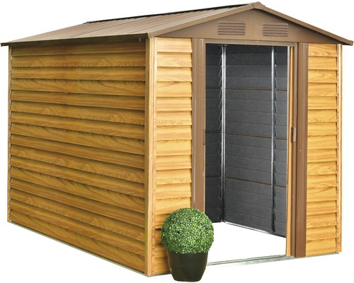 Abri de jardin avec effet bois et porte ouverte