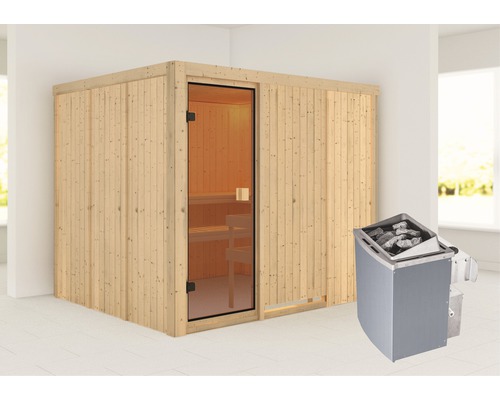 Sauna modulaire Karibu Nybro avec poêle 9 kW avec commande intégrée sans couronne avec porte entièrement vitrée couleur bronze