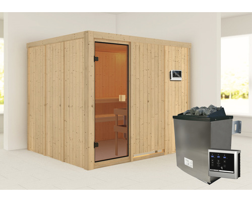 Sauna modulaire Karibu Nybro avec poêle 9 kW avec commande ext. sans couronne avec porte entièrement vitrée couleur bronze