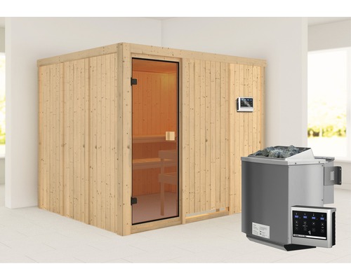 Sauna modulaire Karibu Nybro avec poêle bio 9 kW avec commande ext. sans couronne avec porte entièrement vitrée couleur bronze