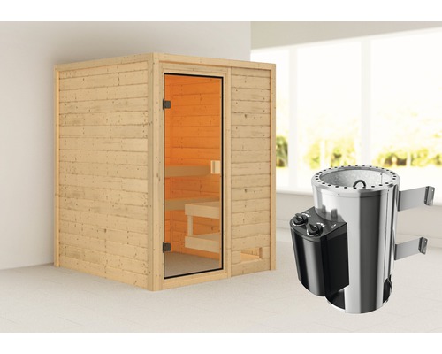 Sauna Woodfeeling Sandra inkl.3,6 kW Ofen u.integr.Steuerung ohne Dachkranz mit bronzierter Ganzglastüre