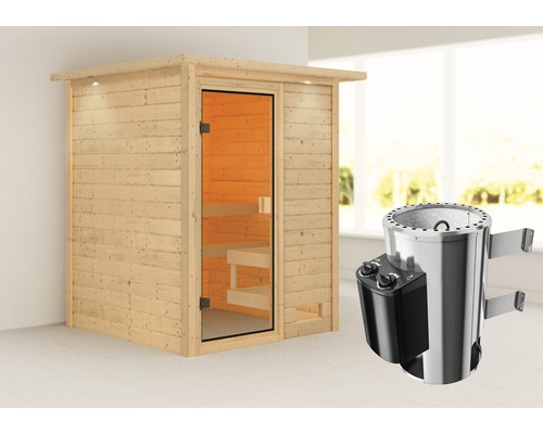 Sauna Woodfeeling inkl.3,6 kW Ofen u.integr.Steuerung mit Dachkranz und bronzierter Ganzglastüre